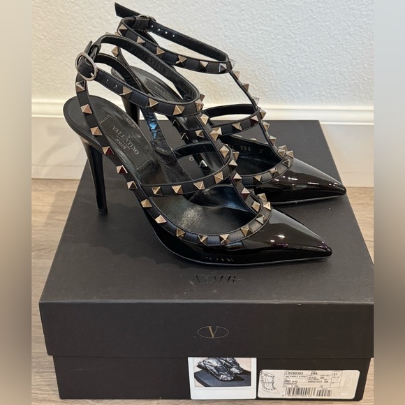 Valentino Garavani Rockstud Noir Black Ankle Strap 100mm in Patent sz 37 - Picture 2 of 8
